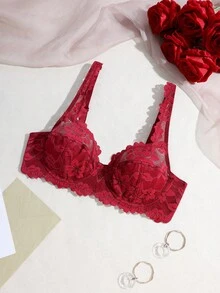 DesireSculpt 1件浪漫法式花卉蕾丝钢圈加厚可调节肩带文胸（女士款） - 紅色 - 查看 4