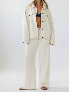 Aralina 休闲宽松长袖前扣经典牛仔夹克 - 白色 - 查看 11