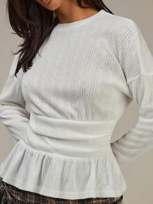 Athîral Women's White Round Neck, Drop Shoulder, Long Sleeve, Ruffled Hem Casual Top, With Pleated Waist, A-Line Hem, Fitted Silhouette, Comfortable And Warm Fabric,White Top,Casual For Women,White For New Year's Eve - White - View 4