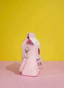 Joivida Fashionable Milk Carton Shaped Letter & Cow Print Crossbody Bag, With Detachable Strap And Zipper Closure, Casual Commuter Crossbody Bag, Suitable For Travel And Daily Use, Strawberry Pattern Square Bag - Pink - View 5