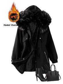 SHEIN Clasi Plus Size Women's Black Winter Casual Hiking Coat,Faux Fur Collar Hooded Zip-Up Jacket With Plush Lining,Drawstring Belt,Double Pockets,Warm Vintage - Black - View 11