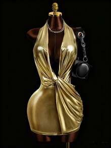 Mistrie 女士深V领扭结前开襟吊带连衣裙 - 金色 - 查看 1