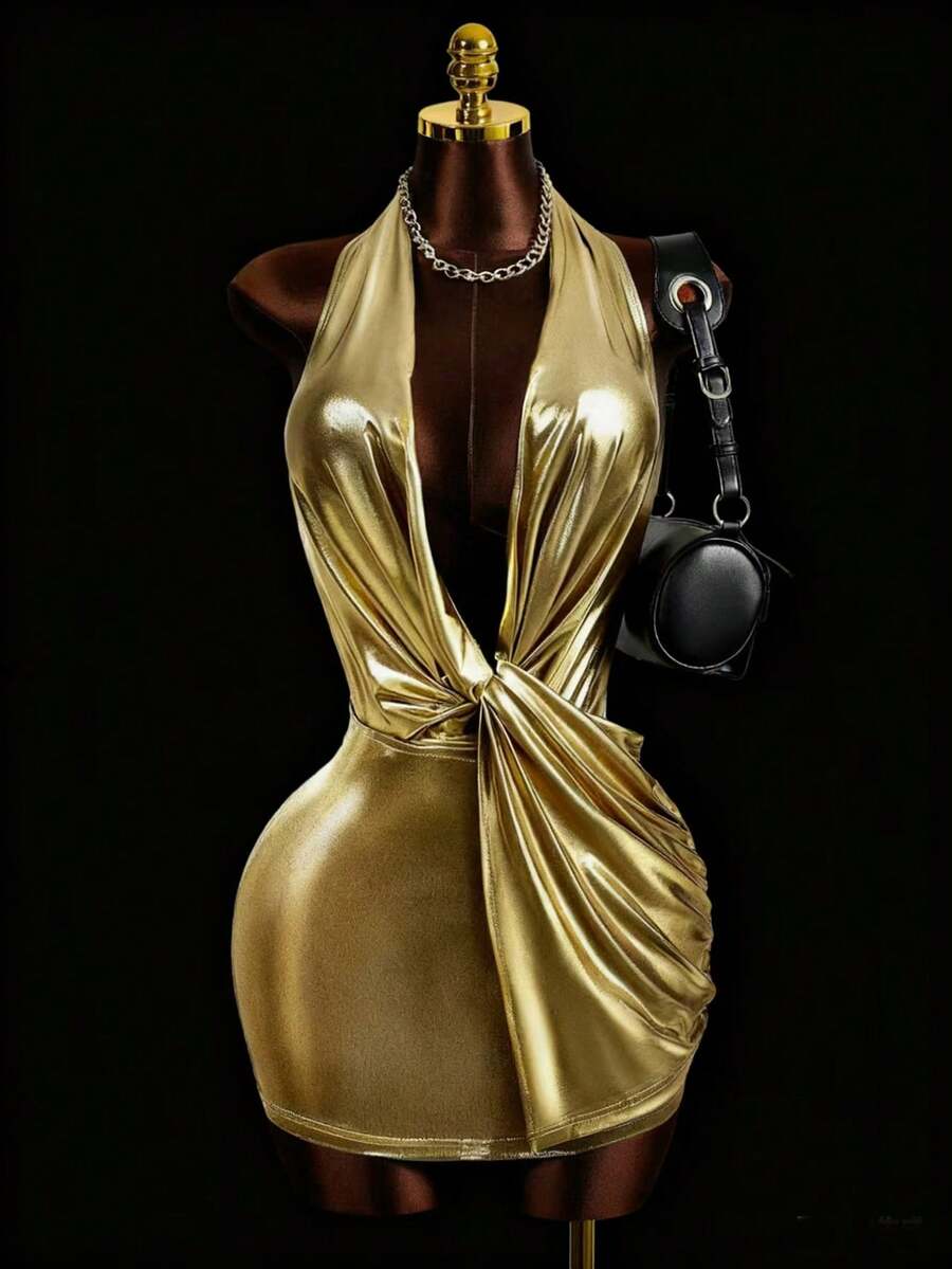 Mistrie 女士深V领扭结前开襟吊带连衣裙 - 金色 - 查看 1