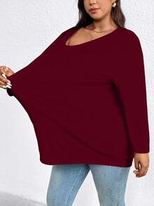 EMERY ROSE Camiseta casual de talla grande de unicolor con doble bolsillo, versátil para el otoño - Burdeos - Ver 5