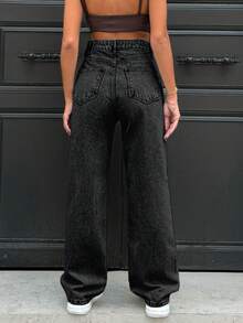 SHEIN PETITE 100% Cotton Women's Black Straight-Leg Jeans With Slanted Belt Loops And Pockets - Black - View 4