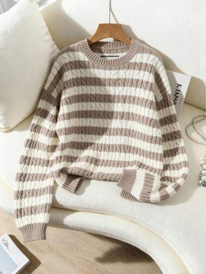 Franclia Autumn/Winter Fashion Casual Loose Striped Contrast Color Crew Neck Pullover Sweater  Modest