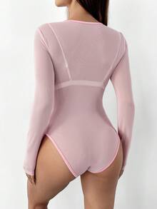 SHEIN PETITE See Through Mesh Bodysuit Without Lingerie - Pink - View 3