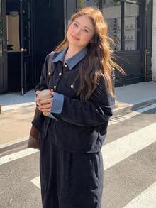 Dazy Plus 时尚休闲撞色拼接外套上衣和A字裙两件套，优雅大码女装春秋季