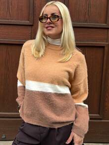 Vivie Lora Suéter casual de manga larga con hombros caídos y contraste de color, corte holgado para mujer, otoño/invierno - Amarillo - Ver 4