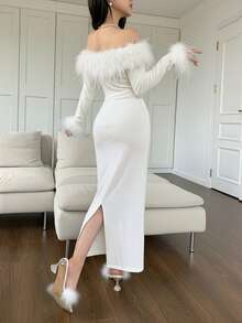 Feyla 女士纯色露肩蓬松拼接优雅长袖连衣裙长款晚礼服 - 白色 - 查看 2