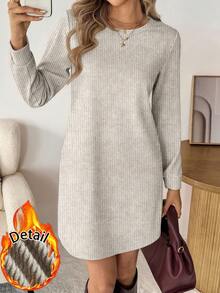 Easowa Women's Casual Ribbed Long Sleeve Short Dress, Basic Outfit For Autumn/Winter Daily Wear Long Sleeve Dress - Apricot - View 1