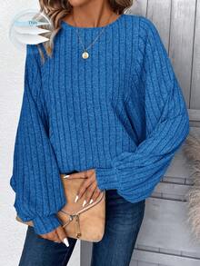 EMERY ROSE Plus Size Women's Casual Solid Color Round Neck Ribbed Long Sleeve - Blue - View 6