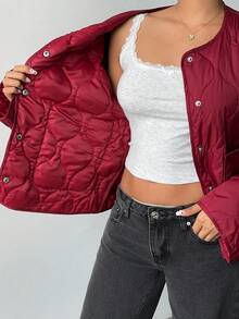 SHEIN Unity Padded Coat With Round Neck, Drop Shoulder, Front Button, Quilted Gourd Pockets - Red Violet - View 7