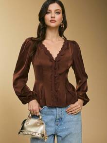 Poéselle Women's Shirt Satin Lace-Trim Peplum Blouse – Chocolate Brown V-Neck Button-Front Top With Balloon Sleeves & Tie-Back Waist Satin Blouse Women Lace Trim Top Chocolate Brown Blouse Peplum Shirt V Neck Button Front Romantic Date Night Top Tie Back Blouse Fall Chic Women's Solid Color Contrast Lace V-Neck Lantern Sleeve Single-Breasted Elegant Blouse Brown Blouse New Year Women's Winter For Women - Brown - View 2