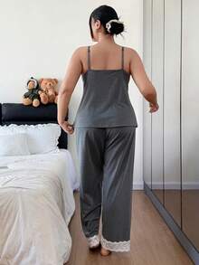 SHEIN Plus Size Delicate Lace Patchwork Tie-Up Camisole Top & Pants And Belted Robe Set, Winter Clothes - Grey - View 5
