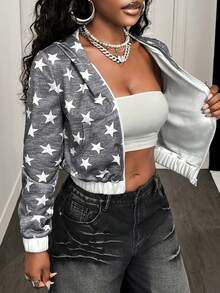 BamGleam 女士星形印花休闲常规款连帽外套，图案设计，女士冬季外套 - 灰色 - 查看 8