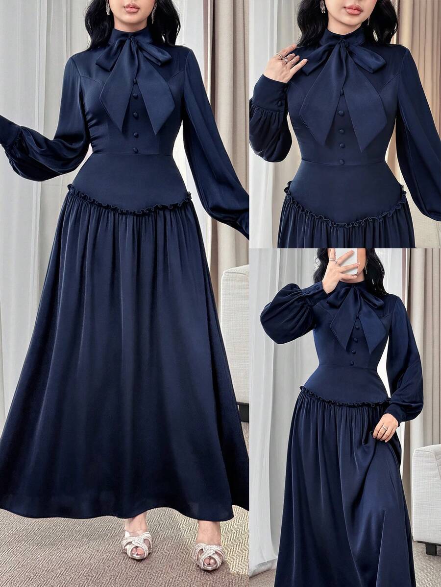 Feyla Damen elegantes Partykleid Einfarbig mit Schleifen-Kragen - marineblau - Übersicht 1