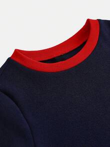 SHEIN Robe en tricot à col rond manches longues bleu marine casual avec blocs de couleur pour préadolescentes - Bleu azur - Voir 4