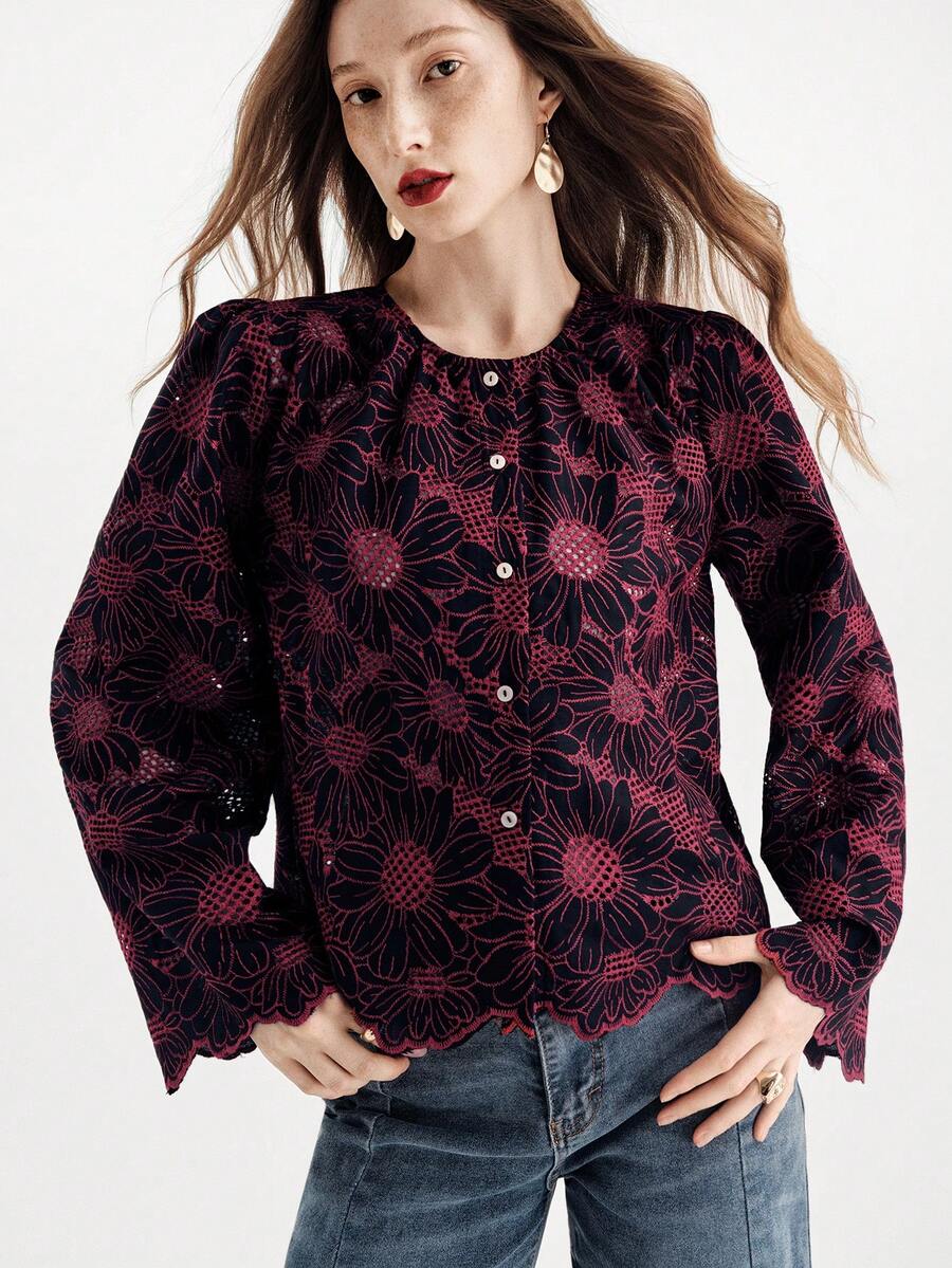 Aveloria Modichic Camisa de cárdigan de manga larga con bordado suelto y parches calados de alta gama francesa nueva para invierno - Negro - Ver 1