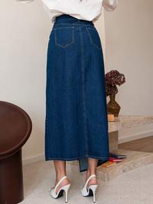 Bris Aura 女士牛仔中长直筒裙、秋季女士裙子、女装街头服饰、女士牛仔裙、不对称裙子、秋季女装、冬季裙子、商务休闲女装、冬季女装 - 深色水洗藍 - 查看 2