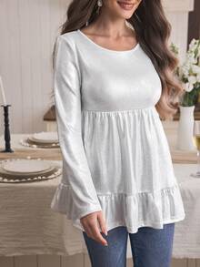 SHEIN LUNE Kaos Wanita Longgar Leher Bulat dengan Benang Metalik Elastis, Cocok untuk Pesta, Musim Gugur/Dingin - Putih - View 4
