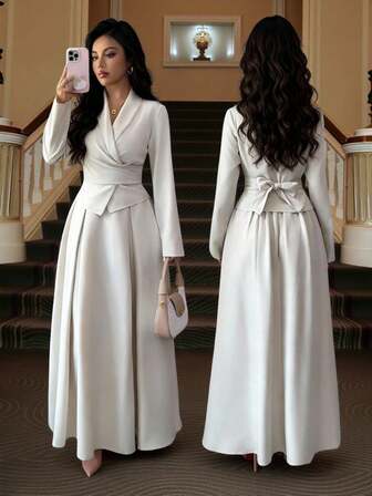 Rafferiza Casual Commuter Two-Piece Suit: Apricot-Colored Wrap-Style Shirt With A Tie-Up Collar And Irregular Hem, Paired With An Elasticated Waist And Pleated A-Line Long Skirt.Winter Winter Clothes For Women Winter Clothes Christmas New Year New Year Clothes New Year New Year Outfit New Year Women Thanksgiving Thanksgiving Outfit For Women Party Beach Graduation Elegant Luxury Chic Stylish Clothing Collectiongraduation Season Attire, Fashionable Casual Commuter Wear, Business Office Wear, Versatile And Stylish Everyday Casual Wear, Urban Teacher's Professional Attire