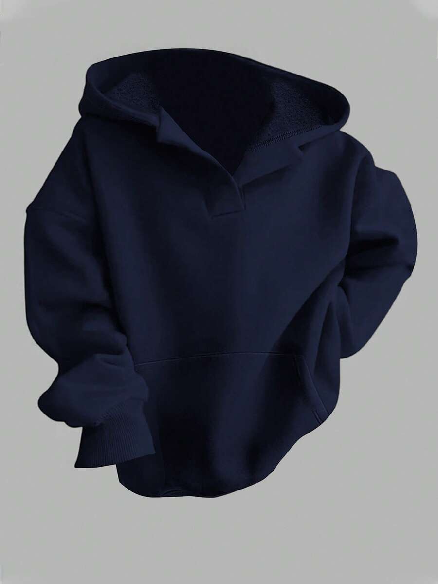 SHEIN EZwear 休闲简约女式宽松长袖藏蓝色卫衣，带口袋，适合秋冬季节穿着。 - 藏蓝色 - 查看 1