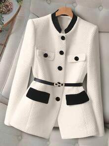 GlowEve CURVE Plus Size Women's Contrast Flap Detail Single-Breasted Blazer Jacket With Belt, Suitable For Work And Commute - Apricot - View 3