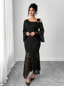 Elenzga Plus Size Women Asymmetric Collar Contrast Lace Flare Sleeve Fishtail Hem Elegant Dress - Black - View 4
