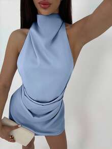 Aloruh Váy mini xếp ly hở lưng tối giản màu mơ dành cho nữ - Màu xanh bụi bặm - Xem 4