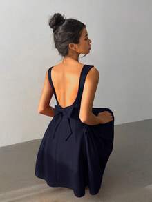 Aloruh Robe mini élégante et sexy sans dos et sans manches de couleur unie pour femmes - Bleu marine - Voir 6