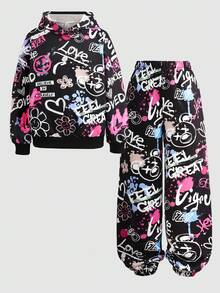 SHEIN Tween Girl Colorful Letter Print Hooded Sweatshirt And Sweatpants 2 Pieces Set, Fleece, Thickened - Multicolor - View 4