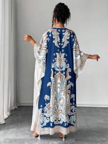 Rometta Đầm suông cổ tròn tay cánh dơi in họa tiết cỡ lớn, dáng rộng, thích hợp cho kỳ nghỉ và tiệc tùng - Xanh đậm - Xem 2