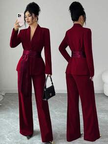 SHEIN Elenzya 女士优雅浪漫西装外套，腰部收紧，直筒裤，长袖，面料拼接 - 酒紅色 - 查看 1