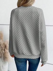 LanaWest Casual Solid Color Textured Notch Neck Sweatshirt, Autumn - Grey - View 2