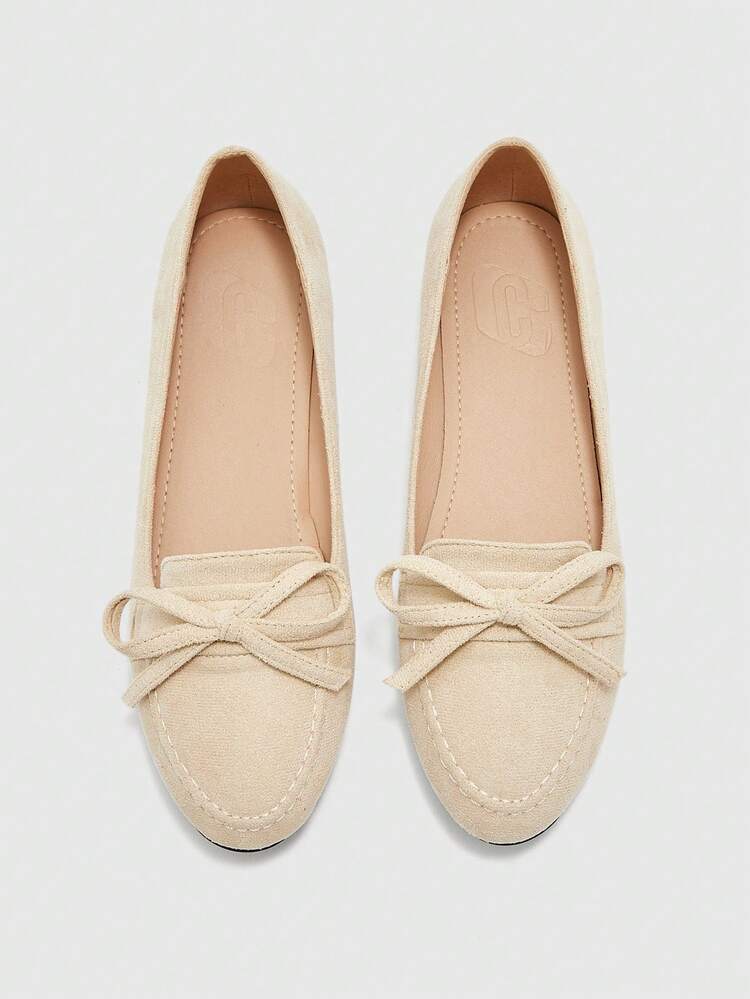 CUCCOO BIZCHIC Apricot Round Toe Velvet Bow Commuter Versatile Lightweight Non-Slip French Style Flat Shoes For Women, Spring/Autumn For Christmas