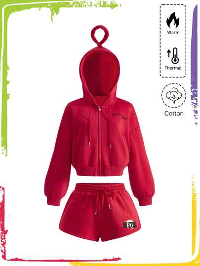 Teletubbies X ROMWE Ensemble 2 pièces pour femmes, comprenant un sweat-shirt à capuche zippé décontracté et un short brodé, pour l'automne