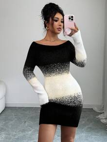 Rafferiza 优雅性感修身渐变色提花露肩长袖连衣裙，大地色系，露肩长袖蓬松修身棕色百搭简约婚礼宾客装扮，秋冬女士毛衣连衣裙 - 黑與白 - 查看 4