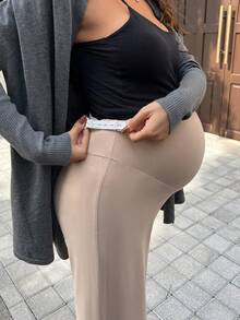 SHEIN 孕妇纯色高弹力直筒宽松休闲裤，托腹直筒裤 - 卡其色 - 查看 3
