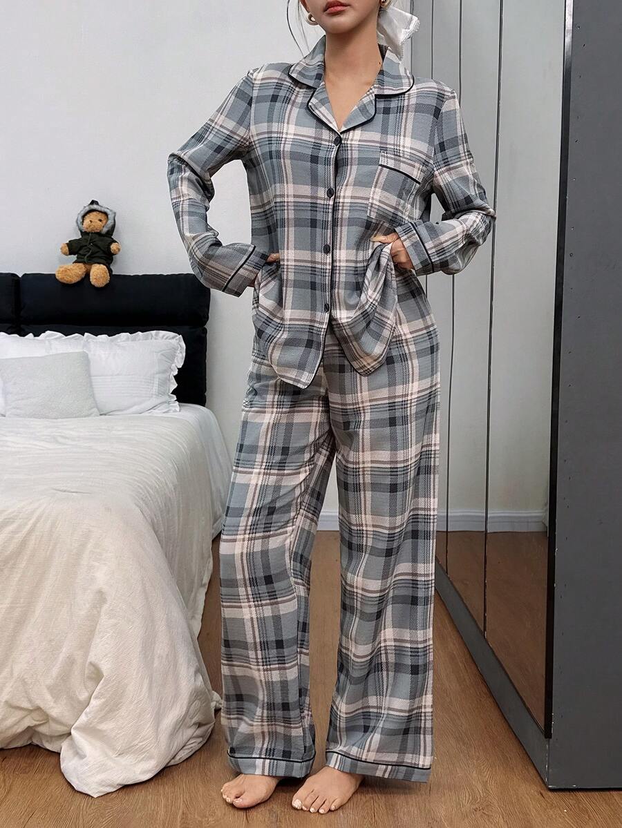 格子印花翻领开衫女士长袖睡衣套装 - 彩色 - 查看 1