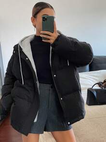 女士连帽二合一羽绒服，秋冬款 - 深灰色 - 查看 4