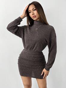 SHEIN PETITE 高領落肩抓皺緊身洋裝，女款休閒洋裝，適合嬌小女性 - 棕色 - 查看 3