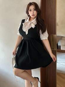 Flirla 大码女式秋冬俏皮黑白波点拼接短袖可拆卸蝴蝶结荷叶边迷你连衣裙 - 黑色 - 查看 7