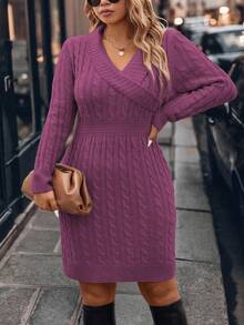 EMERY ROSE 大码女式纯色针织 V 领纽扣修身通勤优雅正式套头毛衣连衣裙，秋冬 - 中紫紅色 - 查看 5