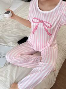 SHEIN 粉色条纹蝴蝶结印花短袖睡衣套装（女款） - 彩色 - 查看 3