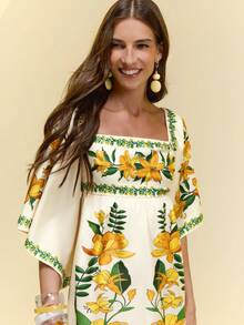 CAJUNI 女士象牙黄夏季梭织宽松方领喇叭袖短款连衣裙，水彩百合印花 | 波西米亚度假休闲早午餐节日浪漫风格，适合度假、女士碎花连衣裙、女士夏季连衣裙、女士度假装、田园风连衣裙、黄色碎花连衣裙、白色连衣裙、女士夏季服装、新年服装、女士休闲连衣裙、女士碎花连衣裙、女士沙滩装 - 黃色 - 查看 5