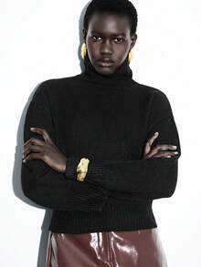 Lumivelle Casual Solid Color Turtleneck Sweater, Autumn/Winter - Black - View 4
