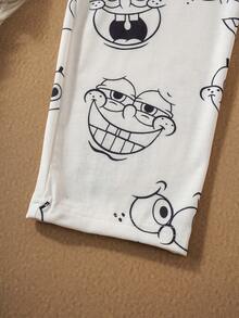 SpongeBob SquarePants | SHEIN Men's Cute Cartoon Print Drop Shoulder Loose Long Sleeve Top And Pants Loungewear Set, Spring/Autumn, Winter Clothes - White - View 7
