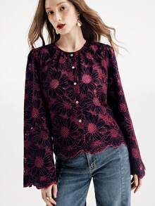 Aveloria Modichic Camisa de cárdigan de manga larga con bordado suelto y parches calados de alta gama francesa nueva para invierno - Negro - Ver 2