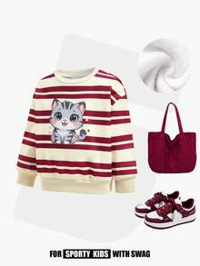 JNSQ Moletom com Forro Térmico, Estampa Fofa de Gatinho Listrado, Meninas Jovens, Outono/Inverno - Multicolorido - Visão 3